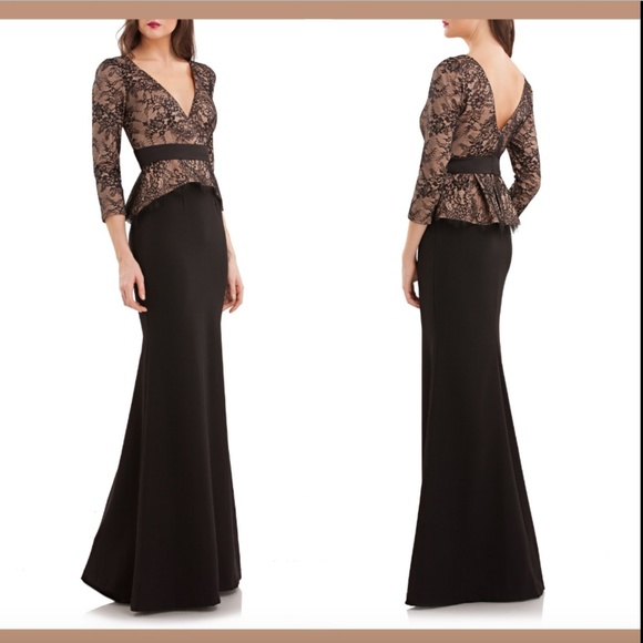 NEW $288 JS COLLECTIONS Lace &‎ Crepe Peplum Gown Black/Nude [SZ 6 ] - Picture 1 of 8